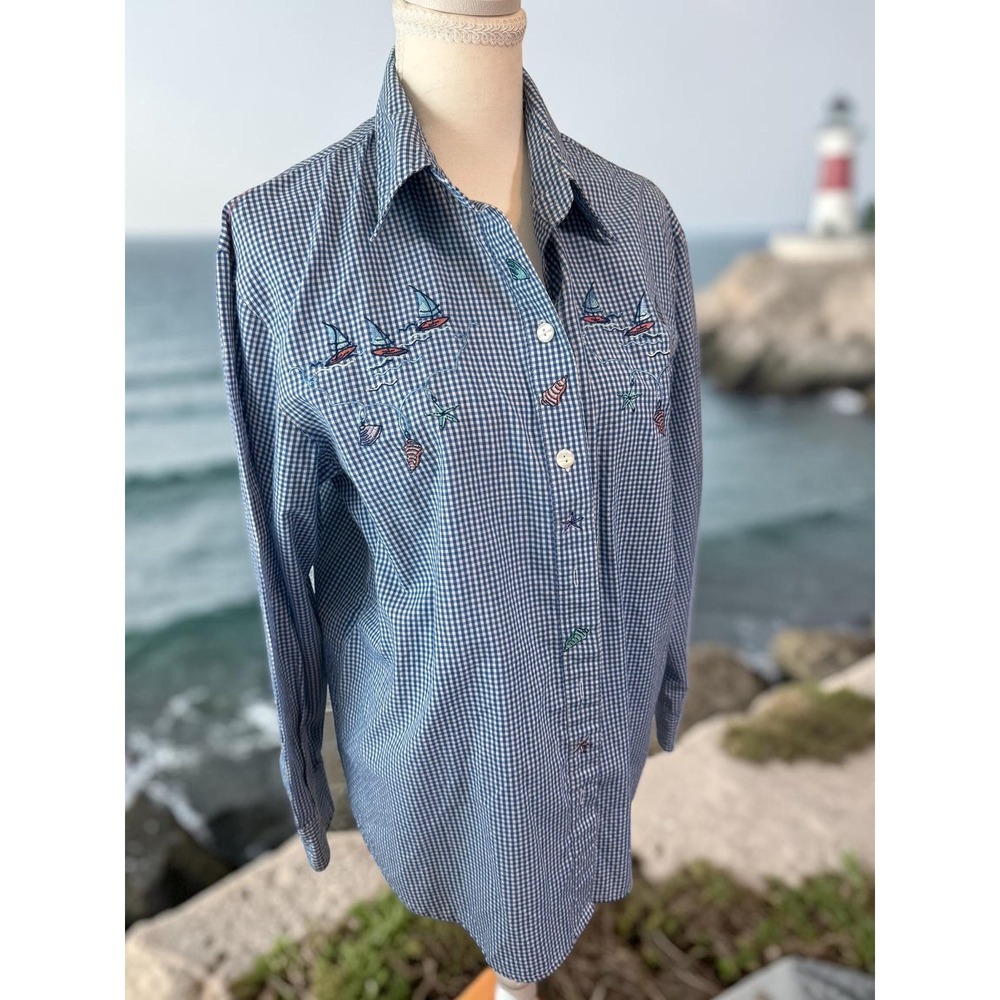 Vintage 90s Nautical Embroidered Gingham Shirt -Blue/White Checkered Long Sleeve